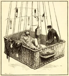 Joseph Crocé-Spinelli, Henri Sivel, and Gaston Tissandier in the basket of the balloon, Zénith, after losing consciousness due to lack of oxygen after reaching an altitude of nearly 28,000 ft., near P